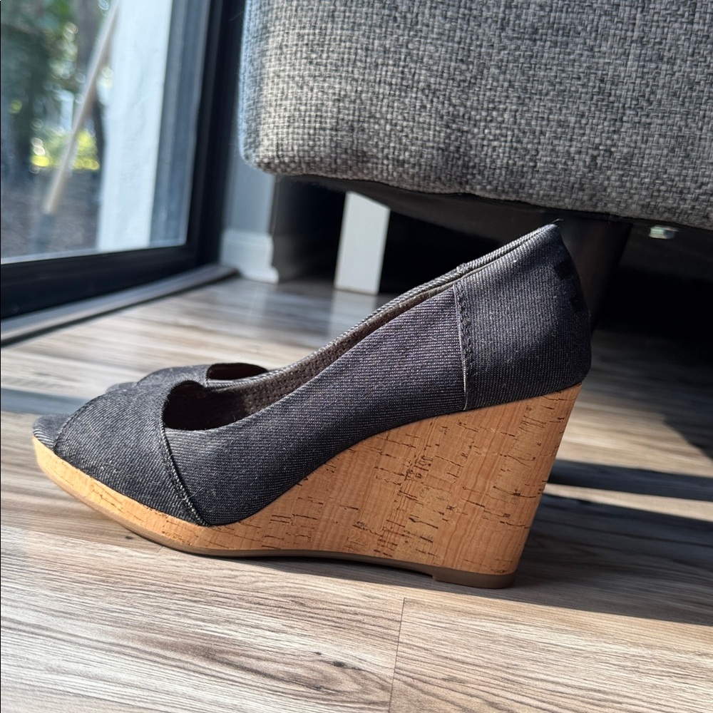Black Denim TOMS Wedge Peep-Toe Women's Shoes